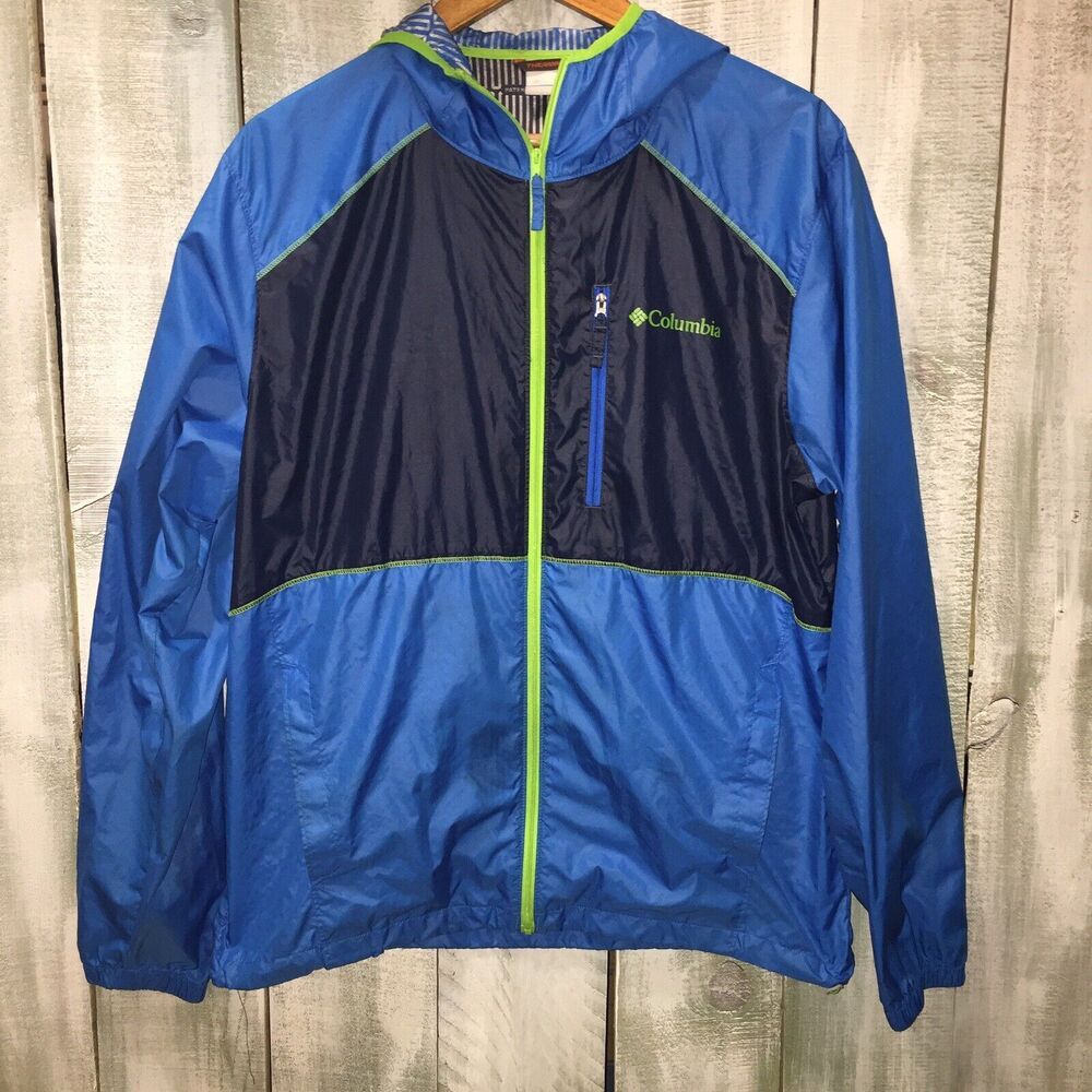 Columbia Windbreaker Men’s Med Hooded Rain Jacket Blue Colorblock W/ Lime Green